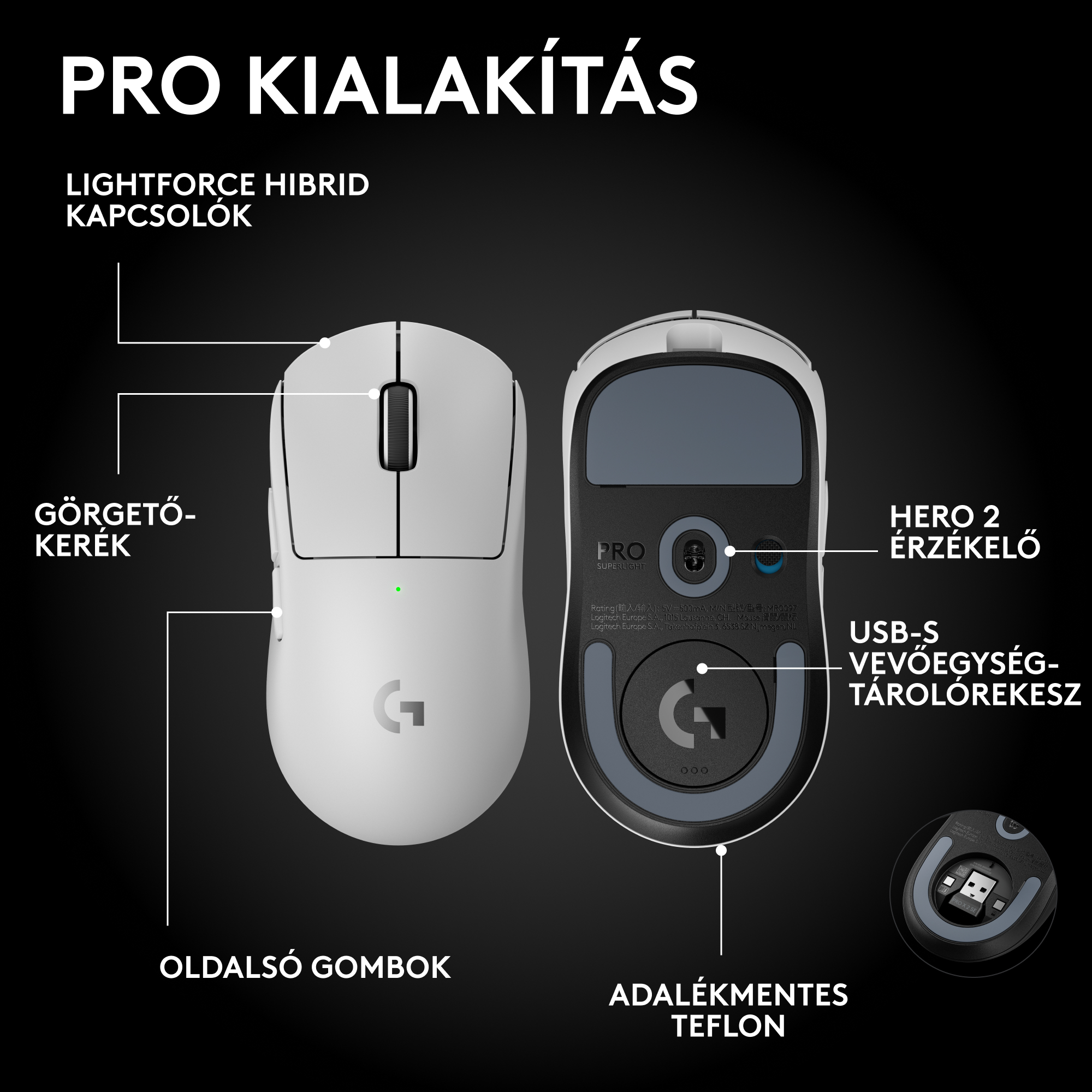 Fehér-fekete gamer egér feliratokkal. Oldalsó gombok, görgő, USB vevő tároló.
