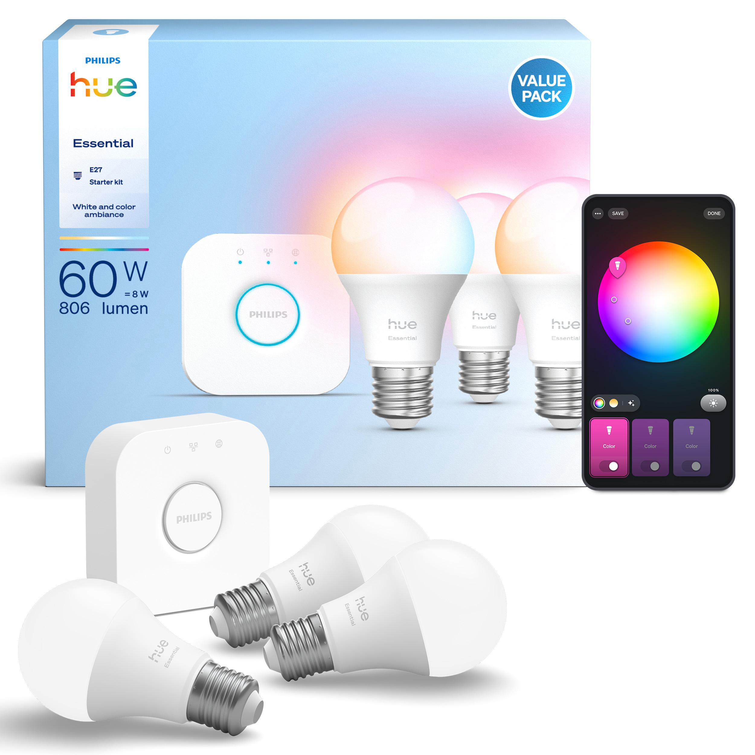 Ein Philips Hue Starter-Kit mit Glühbirnen, einer Bridge und einem Telefon, das Farboptionen anzeigt.