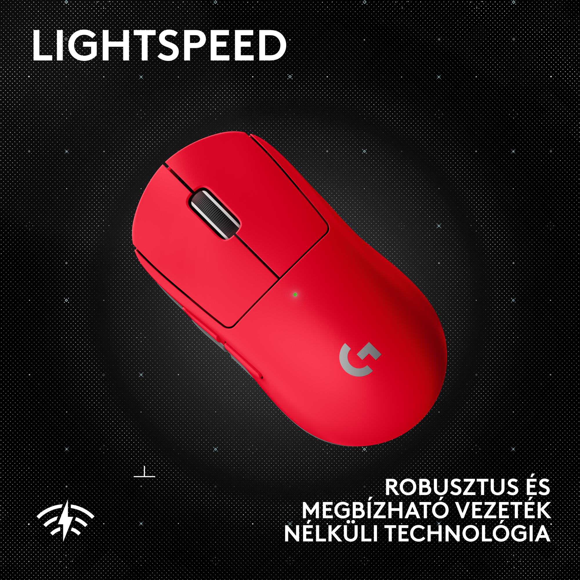 Egy piros vezeték nélküli egér fekete háttéren. A Logitech G logója látható rajta.