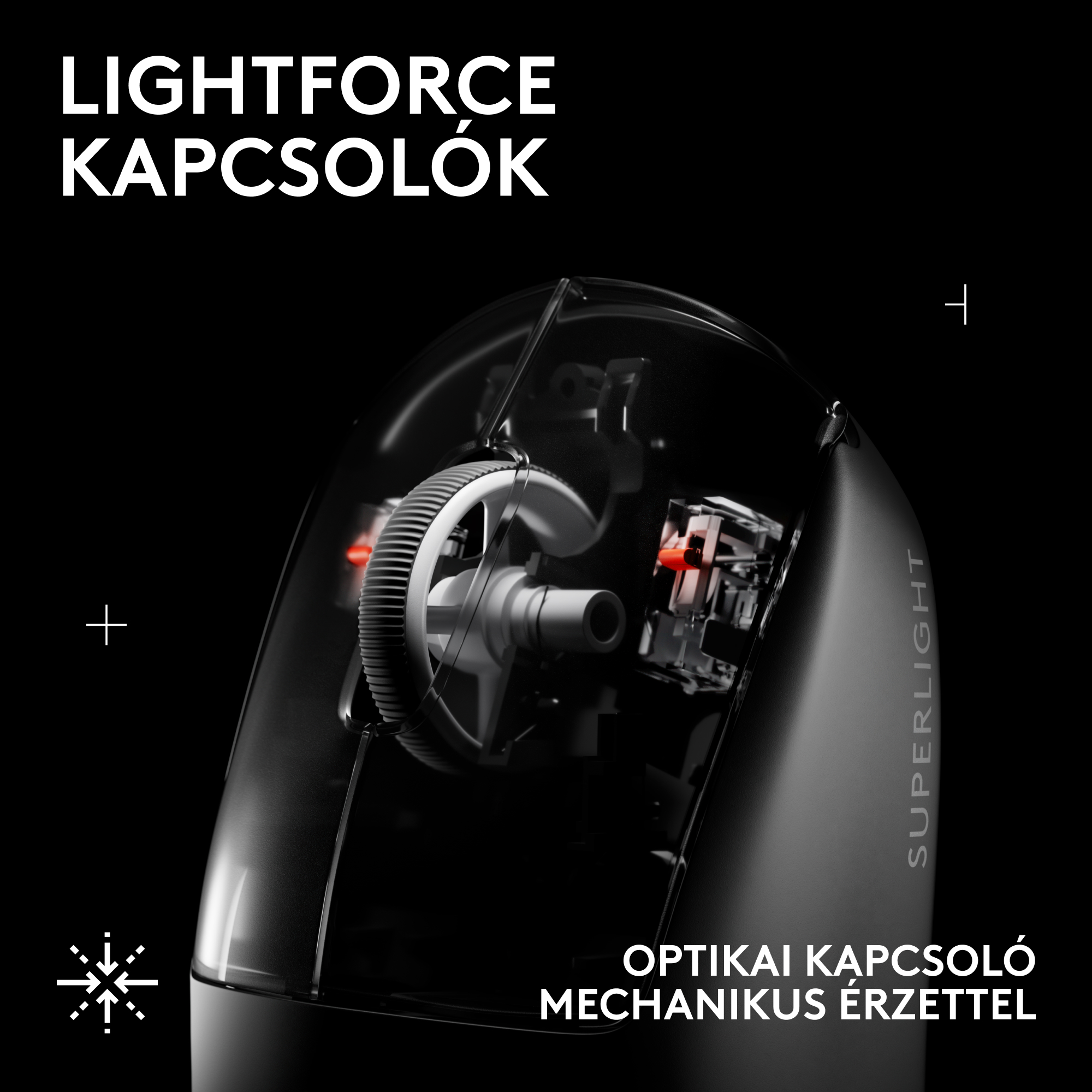Egy fekete egér látható, látható belső mechanizmusokkal. A szöveg a 'LIGHTFORCE KAPCSOLOK' és az 'OPTIKAI KAPCSOLÓ MECHANIKUS ÉRZETTEL'.