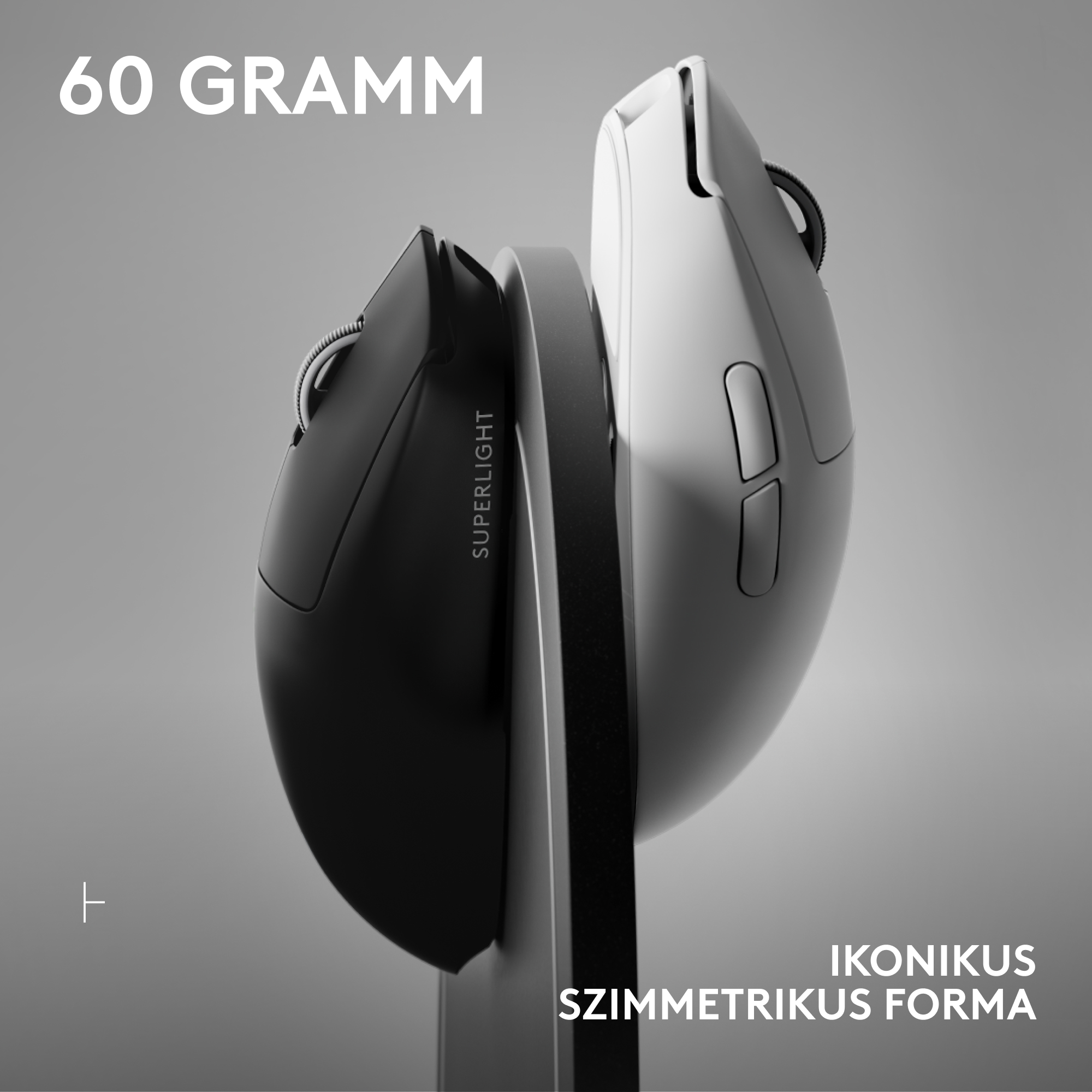 Két számítógépes egér, fekete és fehér, egymás mellett. A szöveg a következő: '60 GRAMM' és 'SUPERLIGHT'. A háttér szürke.