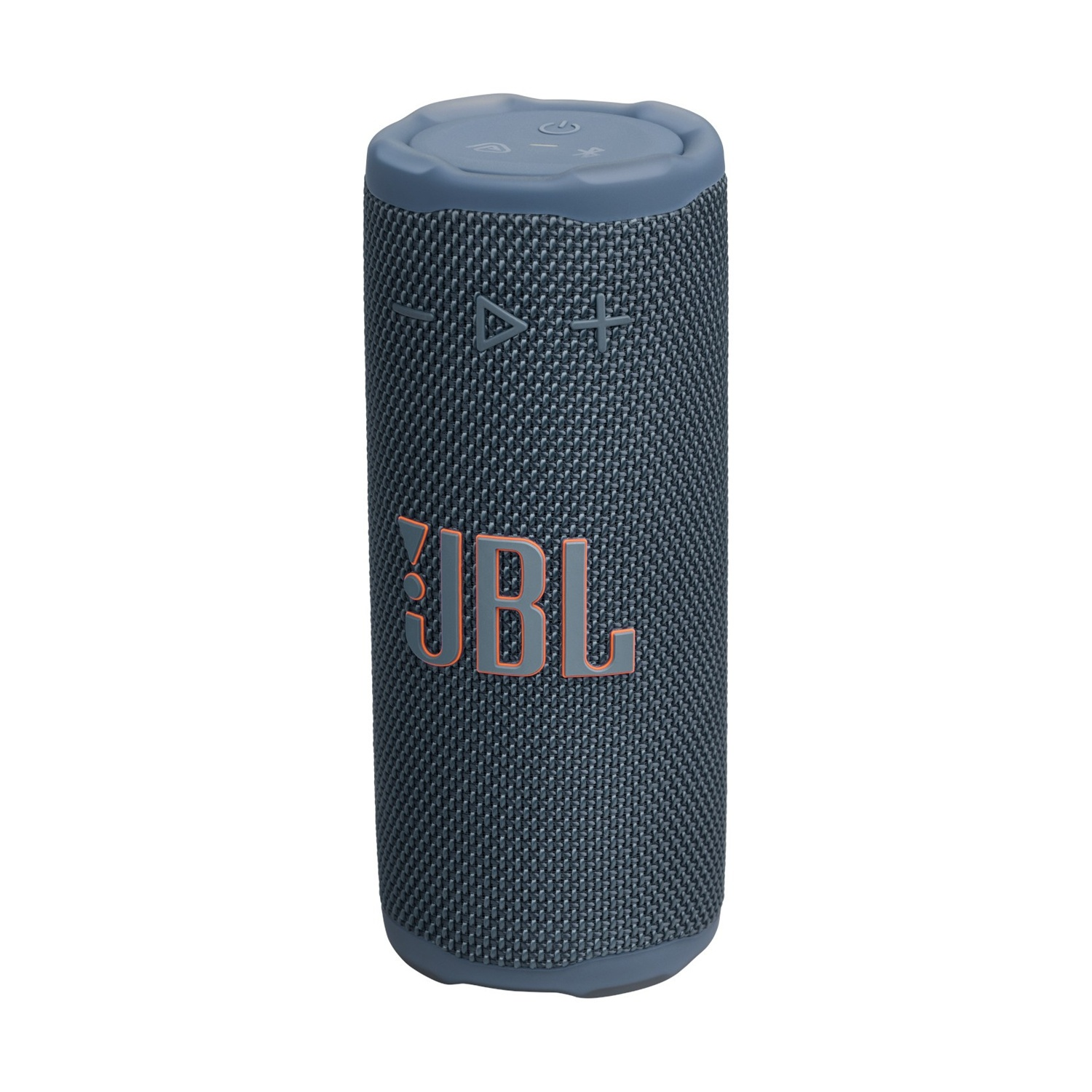Un altoparlante JBL cilindrico, grigio con logo JBL arancione. Ha pulsanti di controllo in alto. Isolato su sfondo bianco.