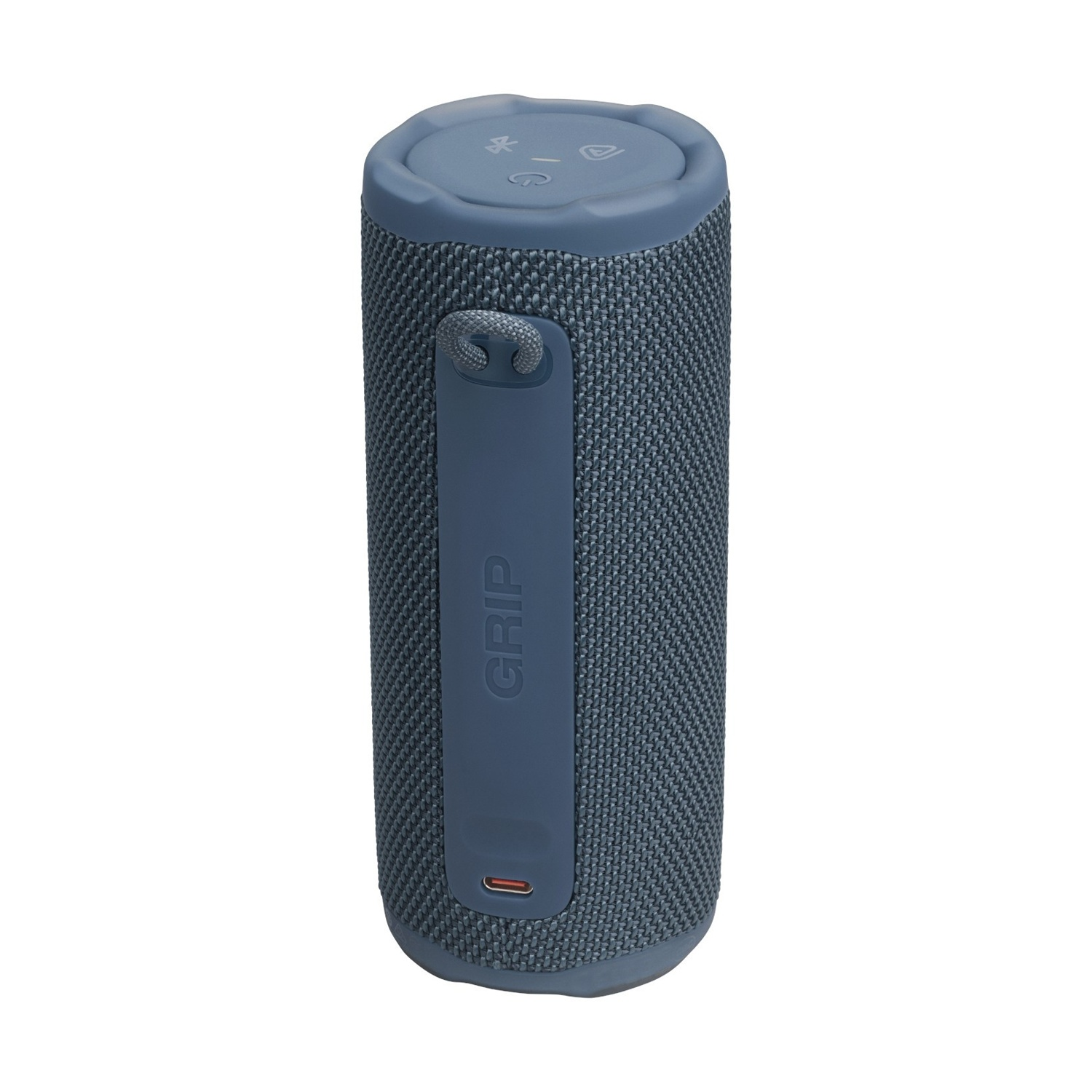 Un altoparlante blu cilindrico con una trama in tessuto. Ha una maniglia e la parola 'GRIP' sul lato. I pulsanti sono visibili in alto.