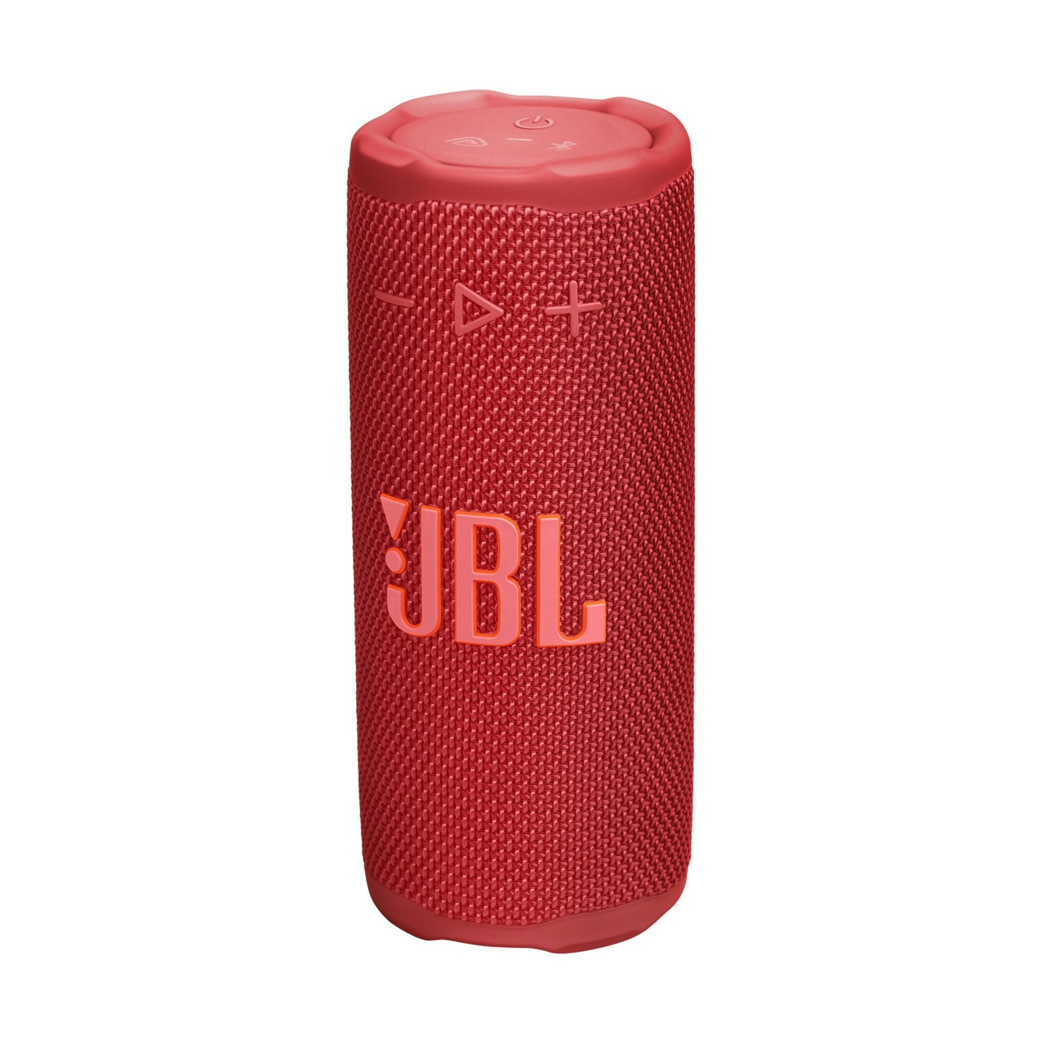 Un altoparlante JBL rosso. È cilindrico con pulsanti di controllo sulla parte superiore. Il logo JBL è ben visibile sul davanti.