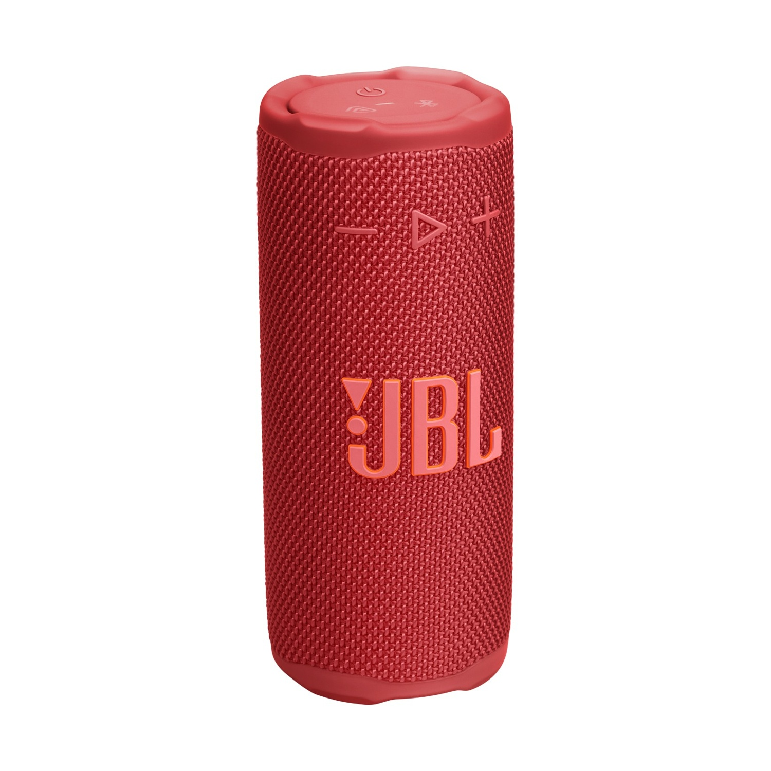 Un altoparlante JBL rosso. È cilindrico con pulsanti in alto e il logo JBL sul davanti. L'altoparlante è su sfondo bianco.
