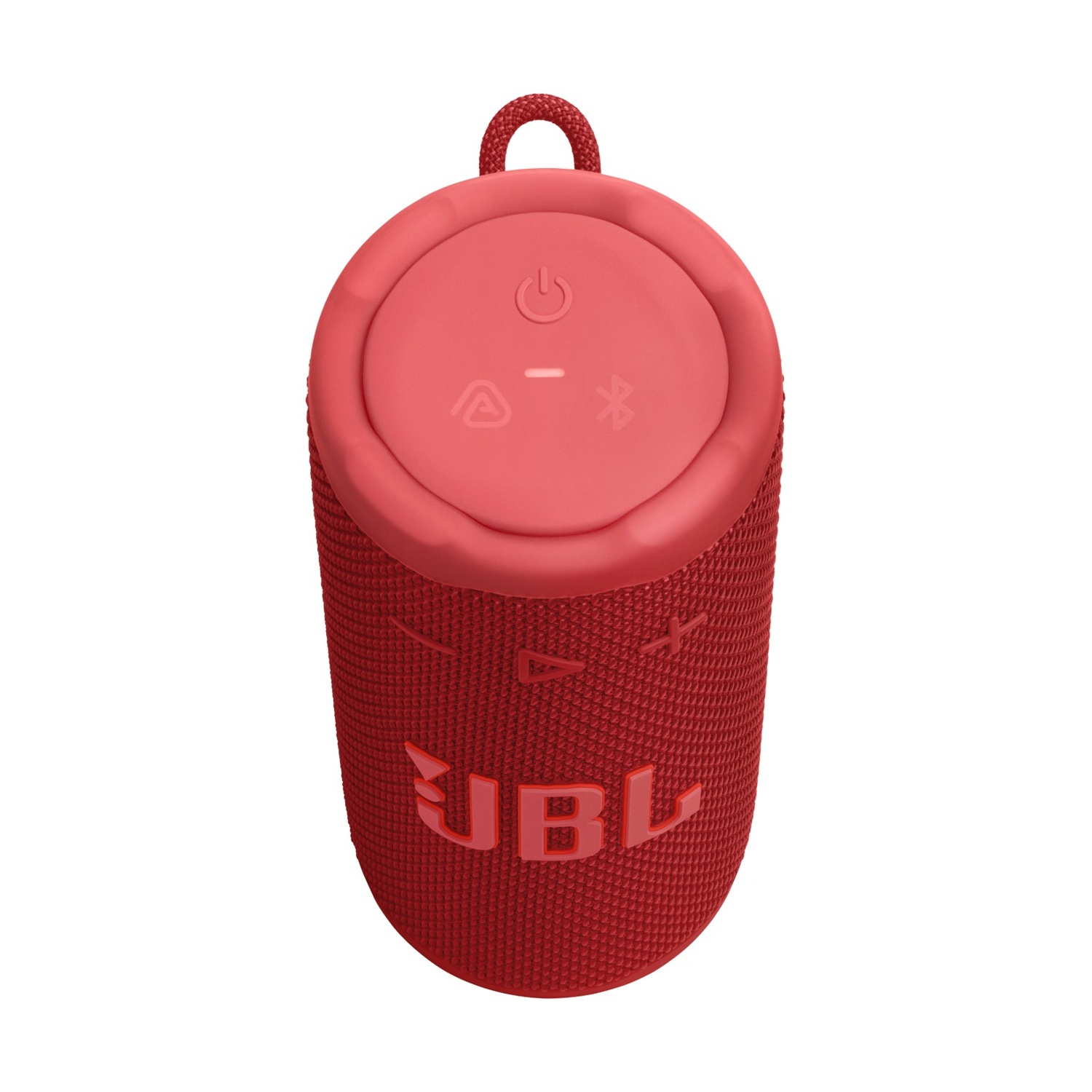 Altoparlante JBL rosso. La parte superiore ha i pulsanti di accensione e volume. Un anello è in alto. Logo JBL sul davanti.