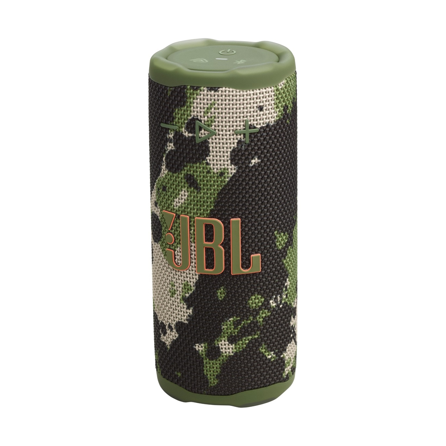 Un altoparlante portatile JBL con motivo mimetico. Ha la parte superiore e inferiore verdi. Il logo JBL è visibile.