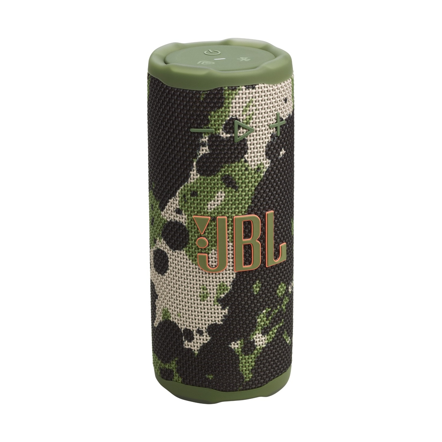 Un altoparlante JBL cilindrico con motivo mimetico. Ha dettagli verdi e il logo JBL.