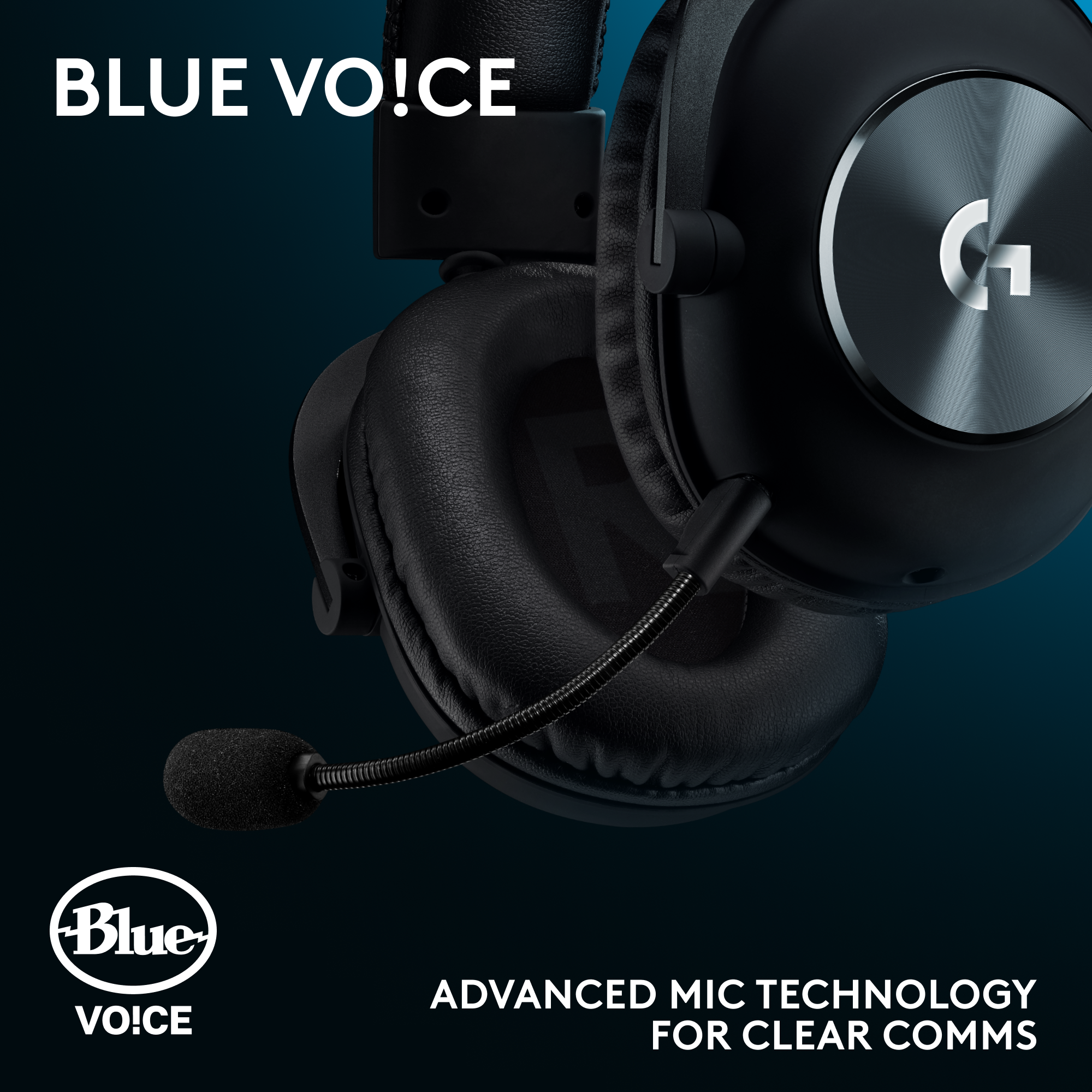 Fekete fejhallgató mikrofonnal. A márkalogó látható. Szöveg: 'Blue VO!CE' és 'Advanced Mic Technology'.