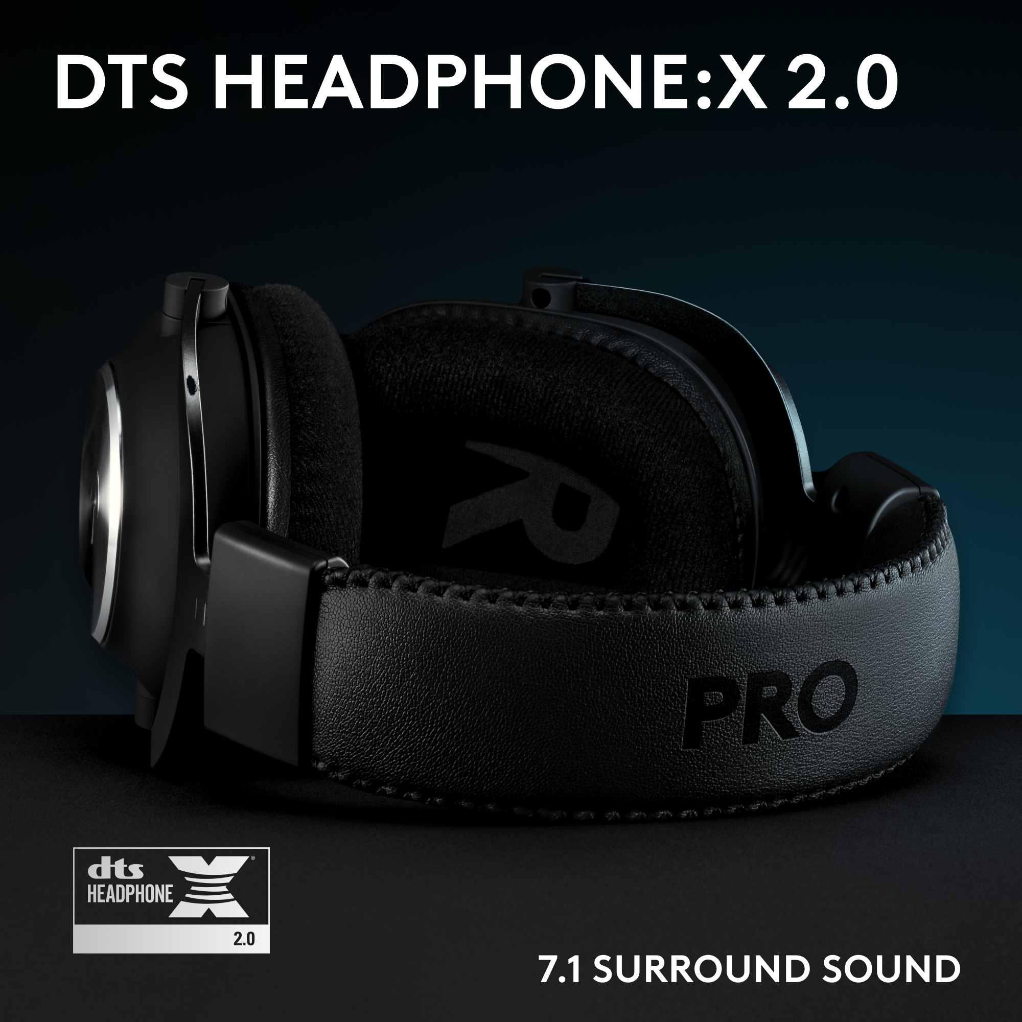 Fekete DTS Headphone:X 2.0 PRO fejhallgató. 7.1-es surround hangzás. A logó látható. Sötét háttér.