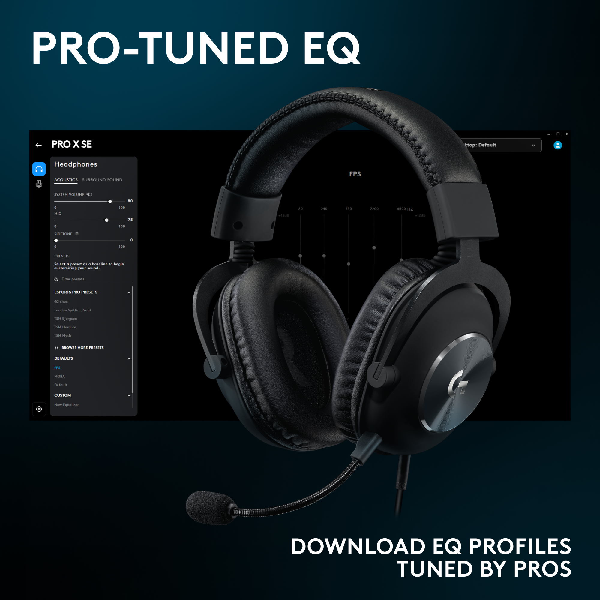Fekete fejhallgató mikrofonnal, képernyős EQ beállításokkal és 'DOWNLOAD EQ PROFILES TUNED BY PROS' szöveggel.