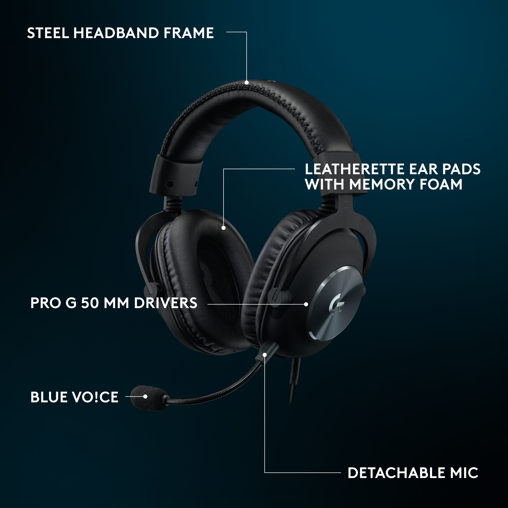 Fekete gamer headset acél fejpánttal, műbőr fülpárnákkal, levehető mikrofonnal és Pro G 50 mm-es meghajtókkal.