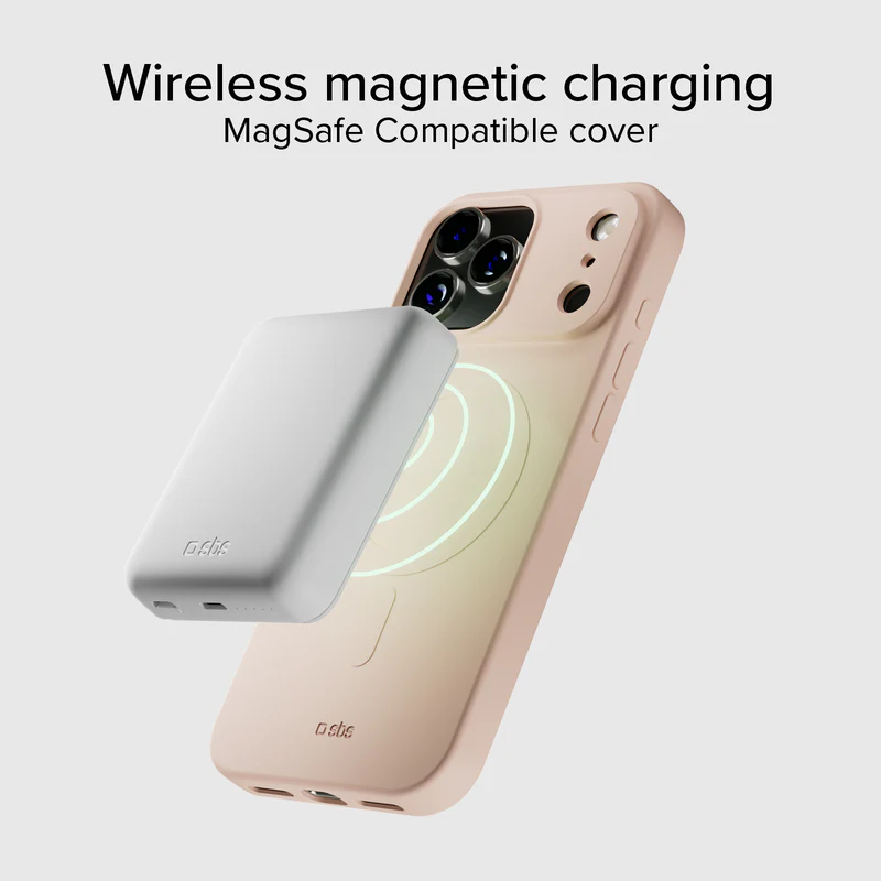 Ein Telefoncase mit einem weißen Ladegerät, das sich magnetisch befestigt. Das Case ist beige und das Ladegerät weiß. Der Text oben lautet "Wireless magnetic charging"
