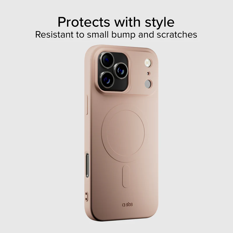 Gezeigt wird eine rosa Handyhülle. Die Hülle hat ein kreisförmiges Design auf der Rückseite und bedeckt die Kamera und die Seitentasten des Telefons.