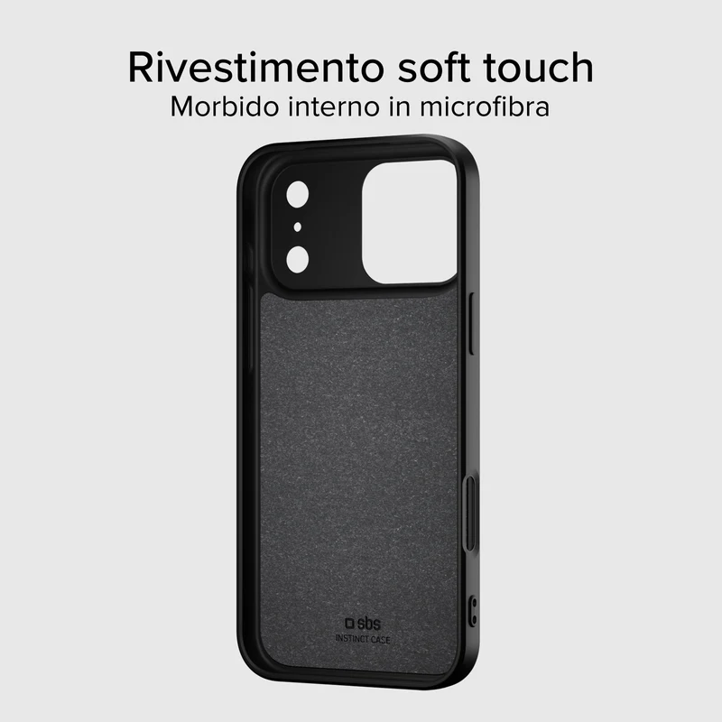 Eine schwarze Handyhülle mit Soft-Touch-Oberfläche und Mikrofaser-Innenausstattung. Die Hülle hat Aussparungen für Kamera und Tasten.