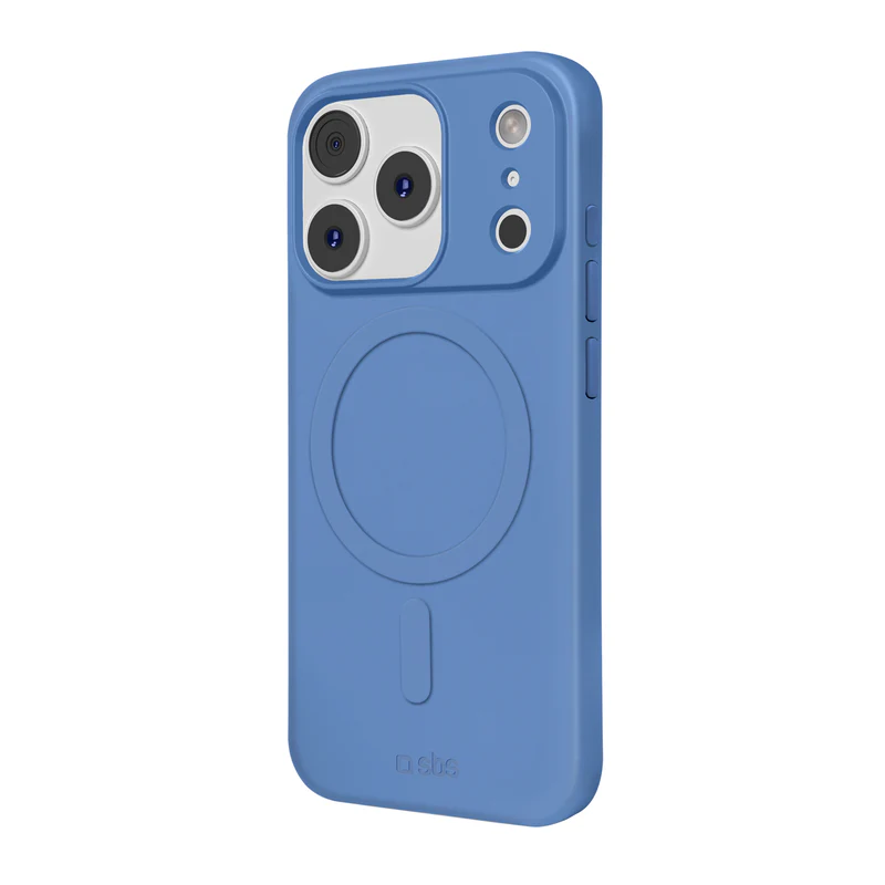Eine blaue Handyhülle mit Magnetkreis und Kameraausschnitten. Die Hülle ist für ein Smartphone konzipiert, mit Tasten an der Seite.