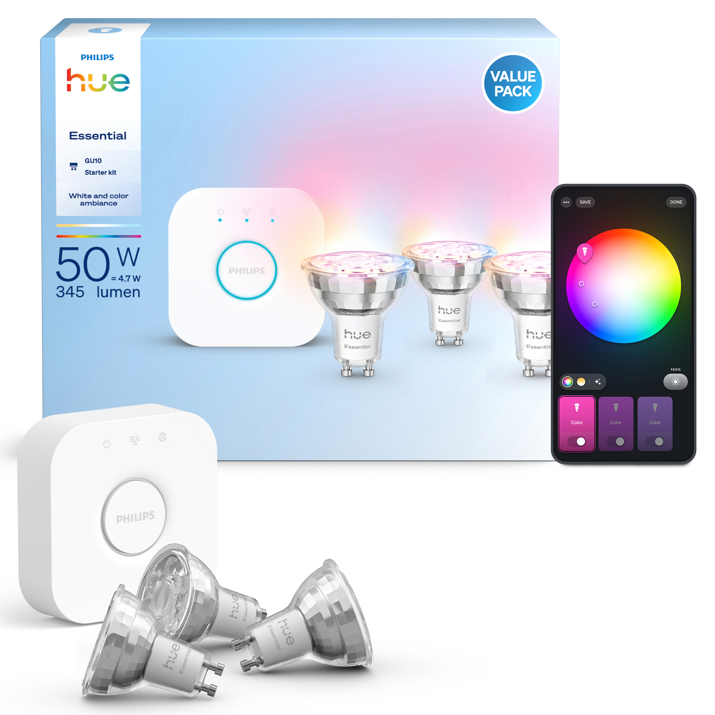 Ein Philips Hue Essential Starter-Kit mit Glühbirnen, einer Bridge und einem Smartphone mit Farbauswahl.