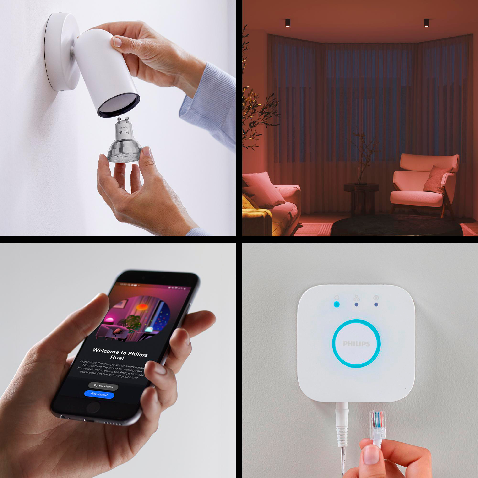 Hände installieren eine Glühbirne, ein Raum mit intelligenten Lichtern, ein Telefon mit der Philips Hue App und ein weißer Hub.