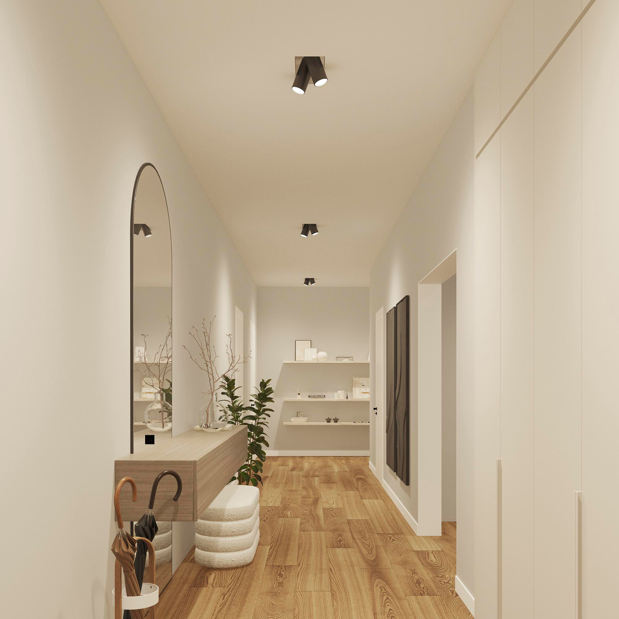 Innenflur mit Holzboden, Spiegel, Garderobe, Pflanzen und modernen Lichtern. Weiße Wände und Einbauschrank.