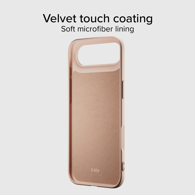 Eine roségoldene Handyhülle mit weichem Mikrofaserfutter wird gezeigt. Der Text oben lautet 'Velvet touch coating' und 'Soft microfiber lining'.