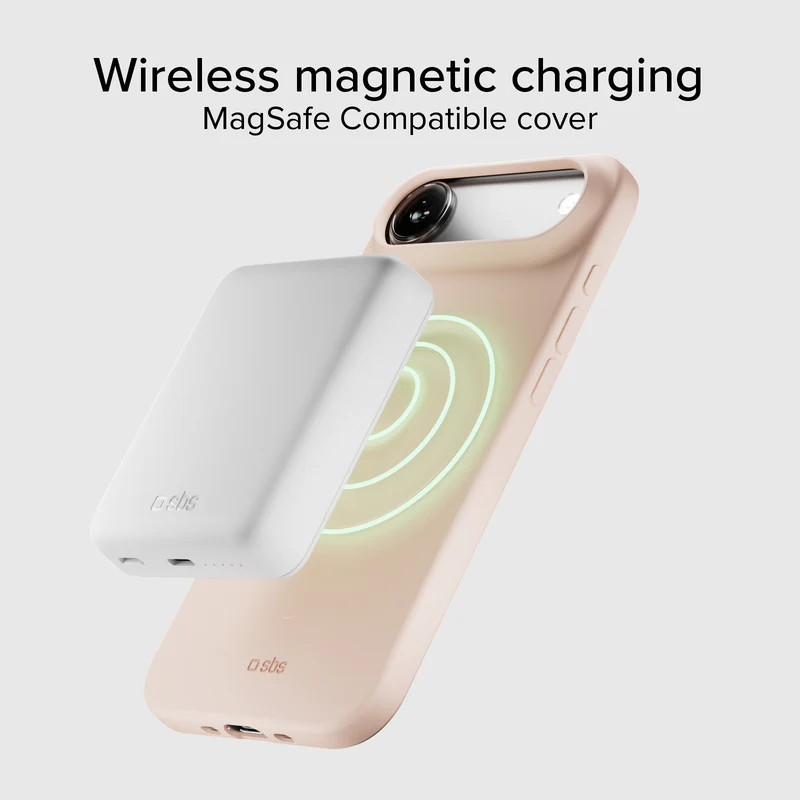 Eine weiße Powerbank schwebt über einer rosa Handyhülle. Grüne magnetische Laderinge leuchten. Text oben: Wireless magnetic charging.