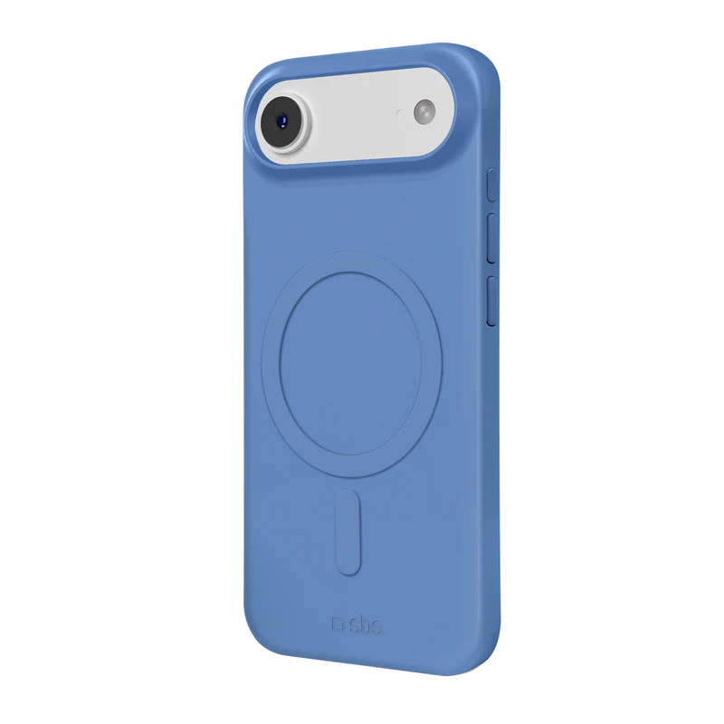 Eine blaue Handyhülle mit Kameraausschnitt und einem weißen Bereich oben. Es hat ein kreisförmiges Design auf der Rückseite.