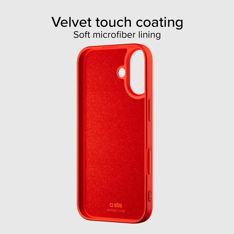 Rote Handyhülle mit weichem Mikrofaserfutter. Oben steht 'Velvet touch coating'. Unten ist das Markenlogo zu sehen.