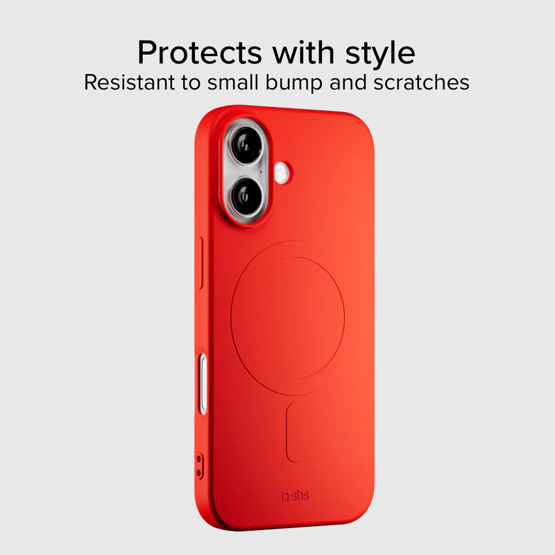 Eine rote Handyhülle mit kreisförmigem Design bedeckt ein Telefon. Die Hülle hat einen Kameraausschnitt und Tasten. Text oben: Schützt mit Stil.