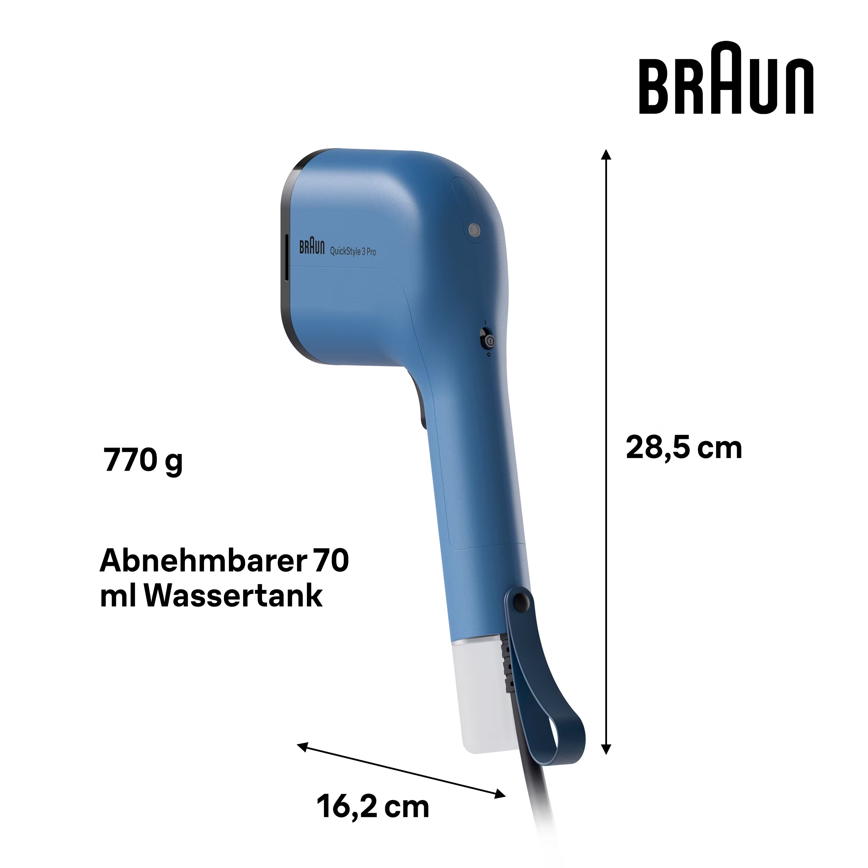 Blauer Braun QuickStyle 3 Pro Dampfgarer, mit Abmessungen und Gewichtsangaben auf weißem Hintergrund.