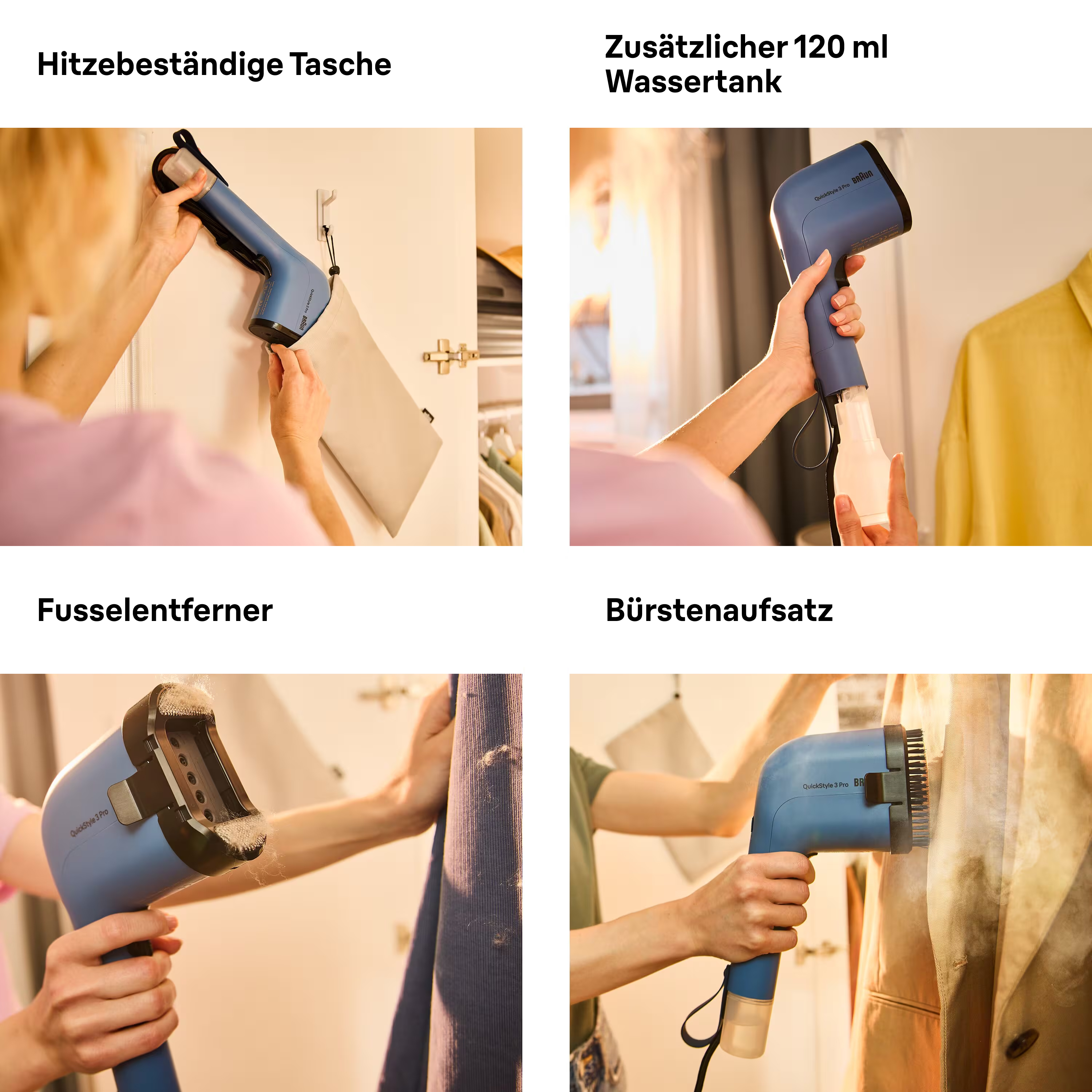 Vier Bilder mit Teilen eines blauen Kleidungsdampfers und seiner Verwendung auf Stoff.