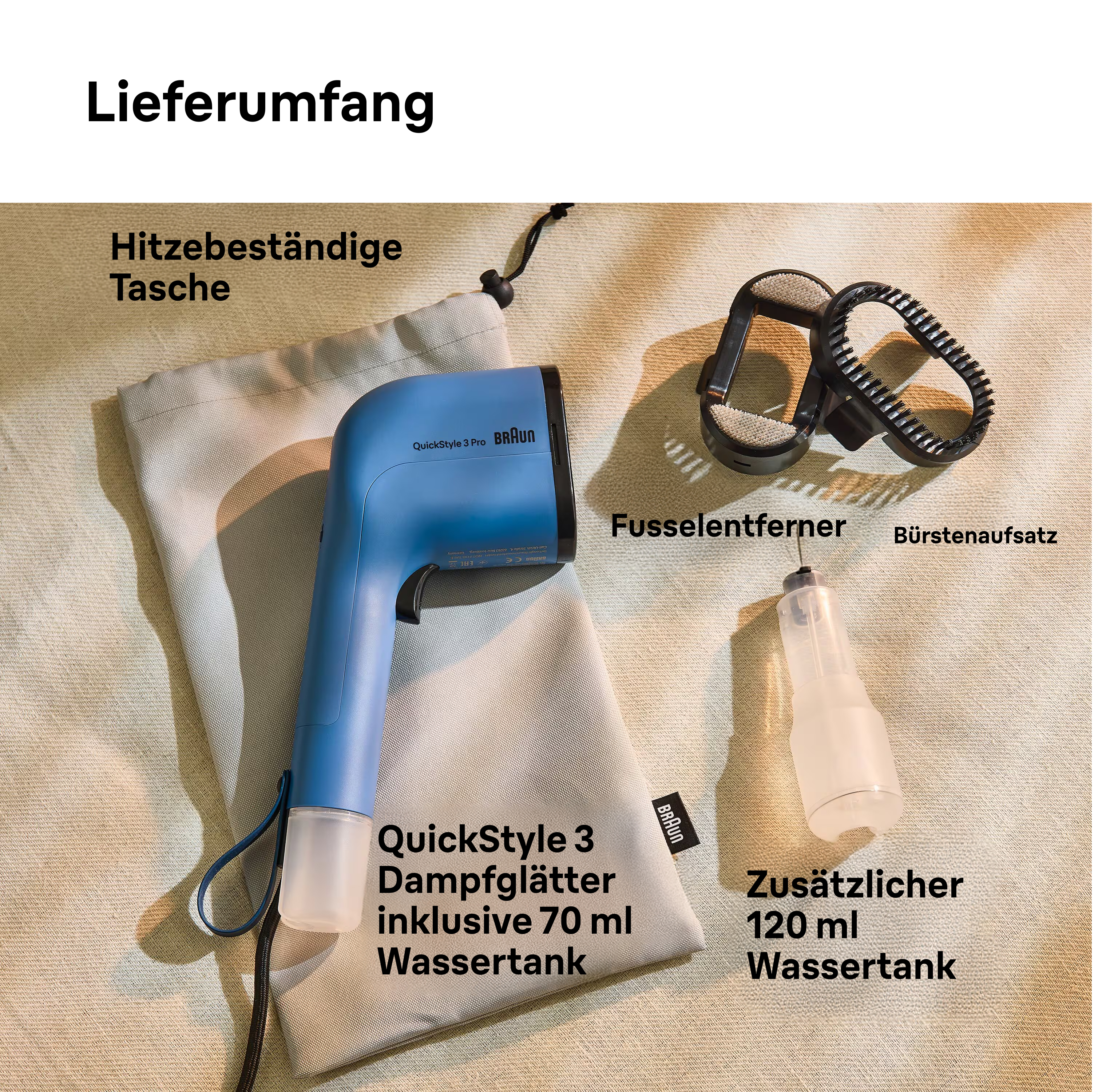 Das Bild zeigt ein Dampfbügeleisen-Set mit Zubehör: eine Tasche, Bürstenköpfe und Wassertank. Alles auf strukturierter Oberfläche.