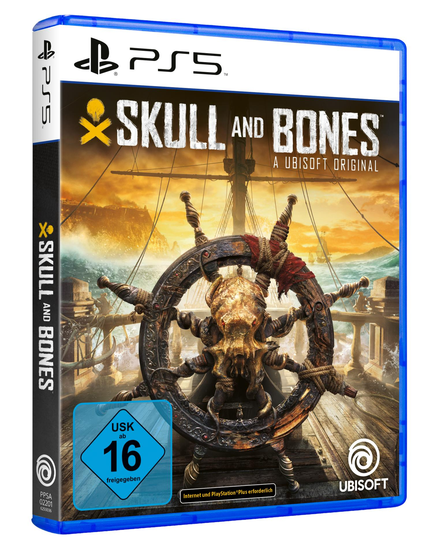 Spielbox von Skull and Bones für PS5. Zeigt ein Steuerrad mit Totenkopf, ein Schiff auf See und das USK 16 Logo.