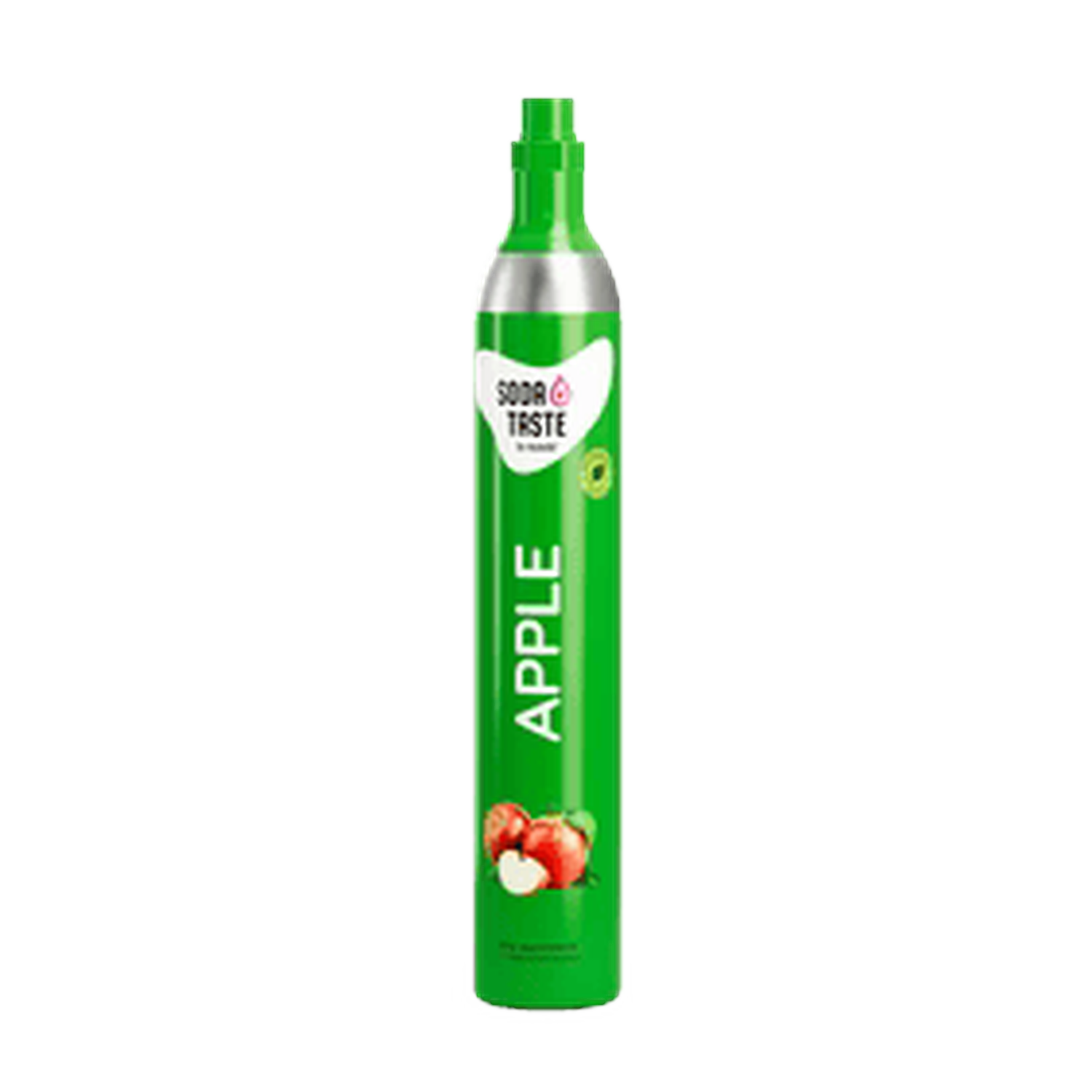 Une bouteille de soda verte avec 'APPLE' écrit dessus, et un graphique de pomme en bas. Le dessus est argenté, et le bouchon est vert.