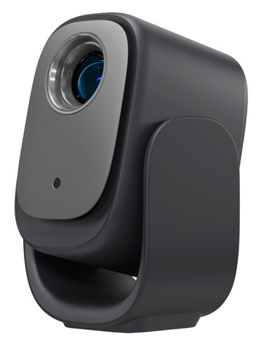 Ciemnoszara kamera monitoringu z obiektywem, małą kamerą i zakrzywioną podstawą, odizolowana na białym tle.