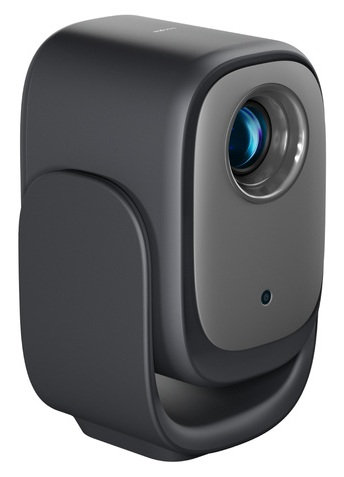 Ciemnoszara, nowocześnie wyglądająca kamera bezpieczeństwa z obiektywem i zakrzywioną podstawą. Obiektyw ma niebieskie odbicie.