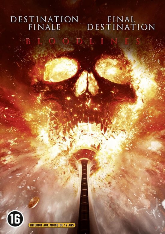 Affiche de film avec une tête de mort en flammes, une tour et les mots 'Destination Finale Bloodlines'.