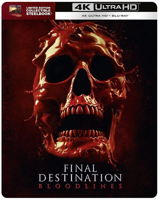 Filmposter met een rode schedel in het midden, de titel "Final Destination Bloodlines" onderaan. 4K Ultra HD branding.
