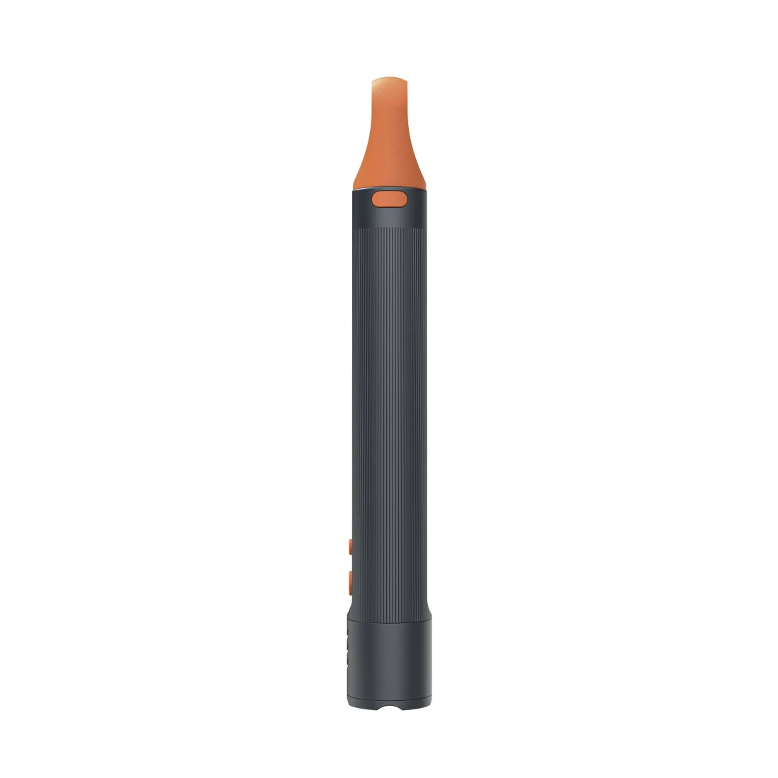 Egy vape toll sötétszürke testtel, narancssárga szájrésszel és kis narancssárga gombokkal, fehér háttér előtt.