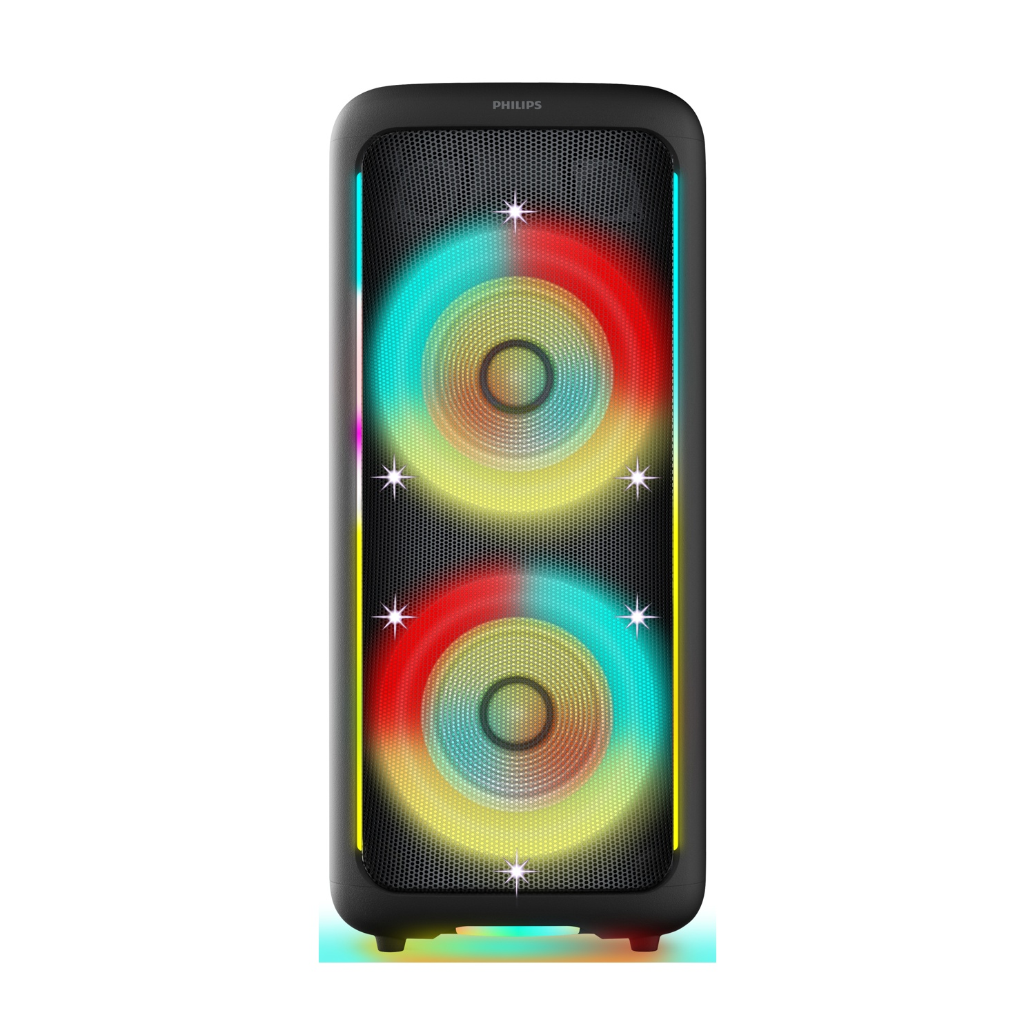 Altoparlante Philips nero con effetti di luce colorati. Due griglie circolari, luci rosse, gialle e blu e scintille a forma di stella.