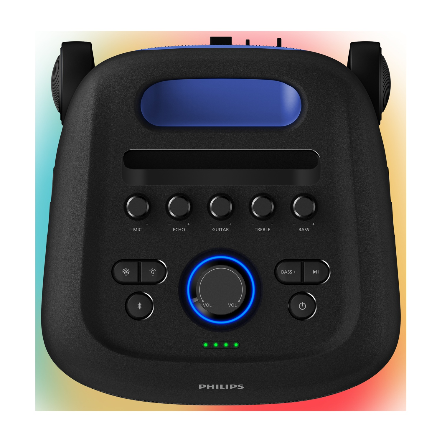Sistema audio Philips nero con pulsanti per microfono, eco, chitarra, alti, bassi e controllo del volume. Include cuffie.