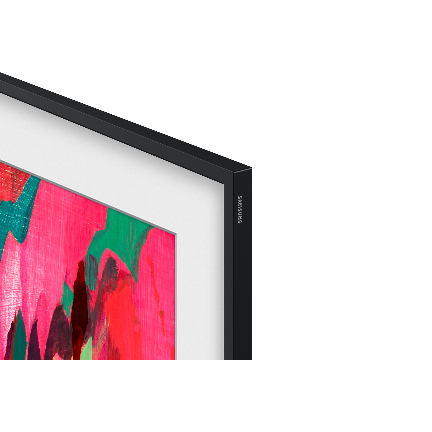 Close-up of a modern artwork in a black frame. The artwork has vibrant pink and green brushstrokes against a white background.