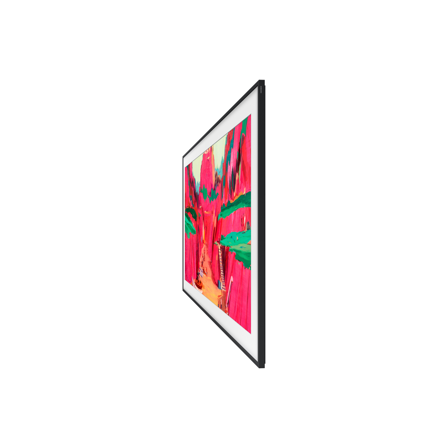 A black framed TV displays an abstract painting with red, pink, and green brushstrokes on a white background.