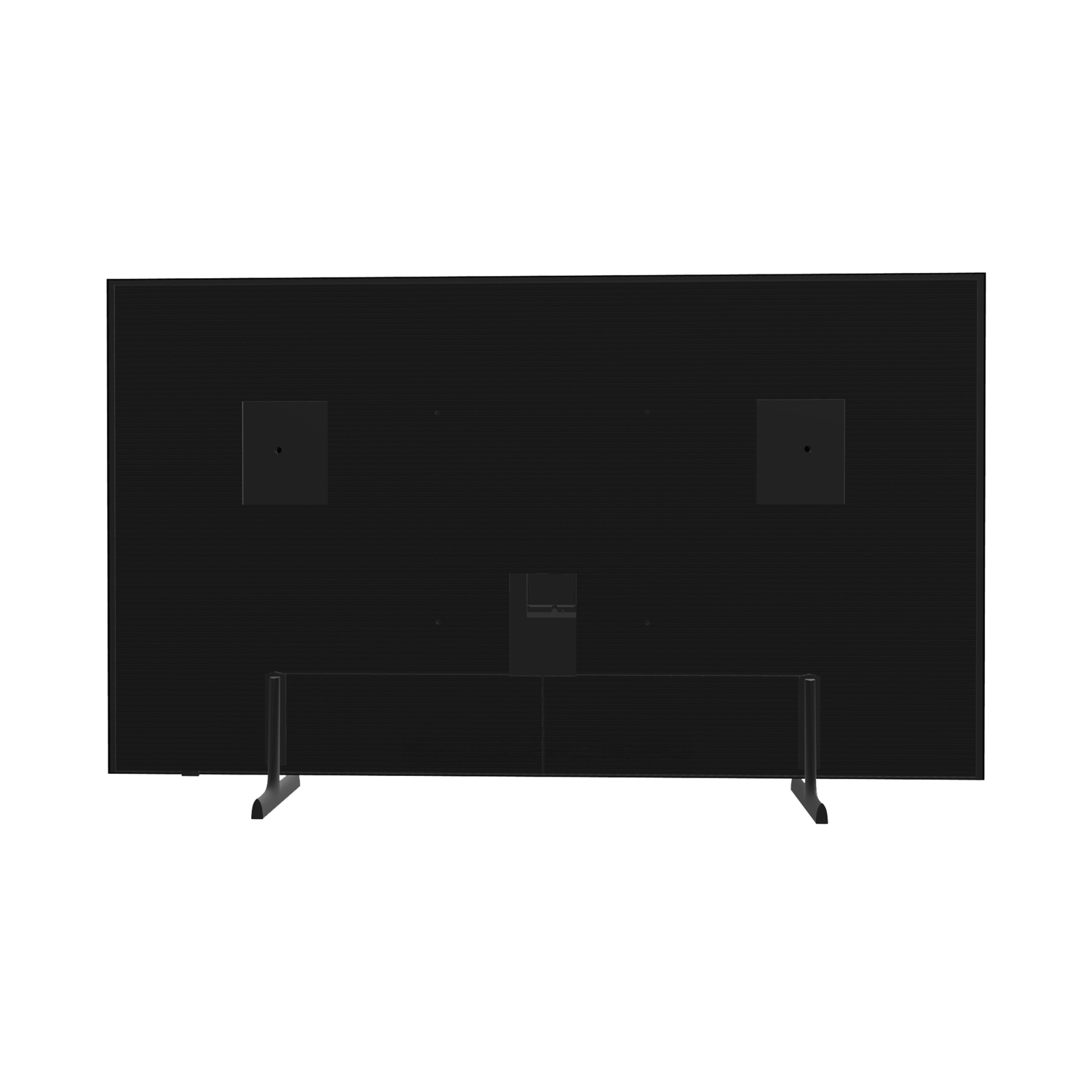 Back view of a large black television with two square mounting blocks and a rectangular port area. It has two metal feet.