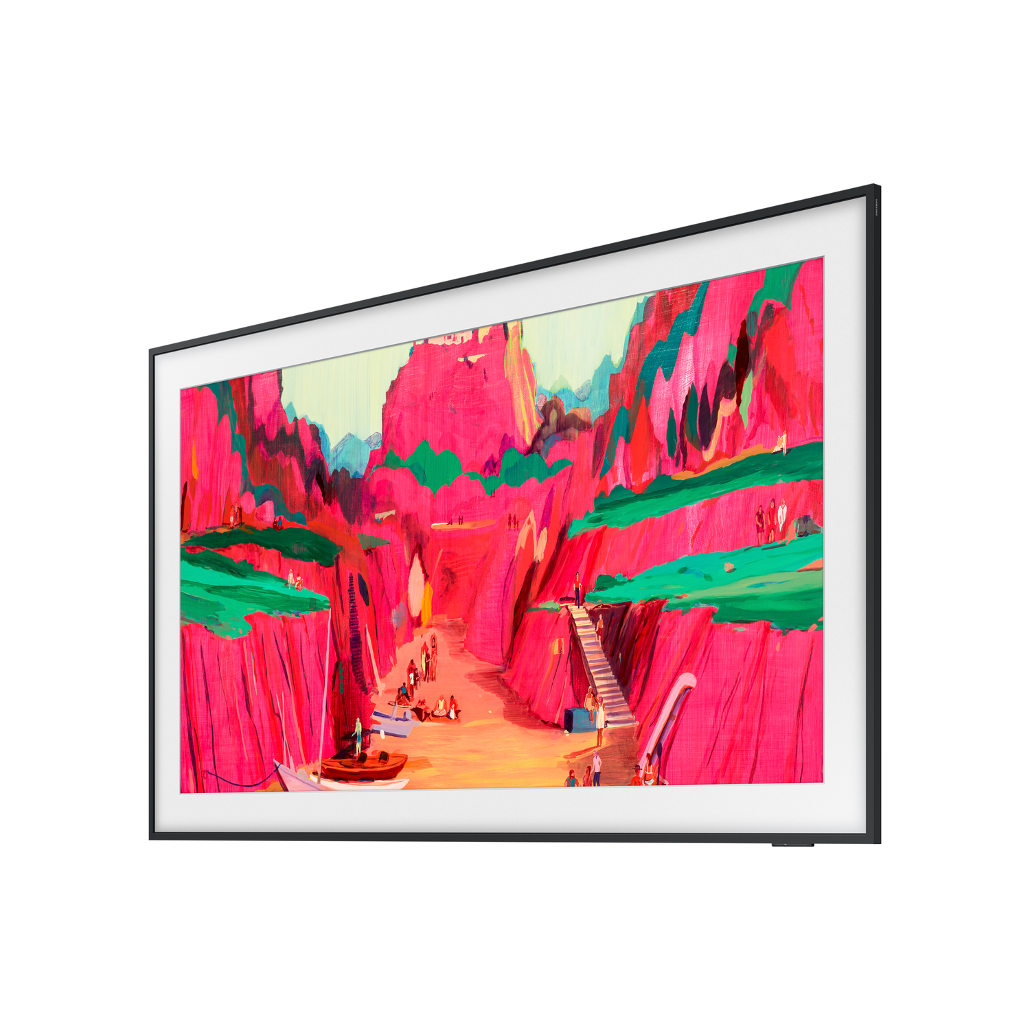 A painting displayed on a TV. It shows a landscape with pink cliffs, green areas, people, boats, and stairs.