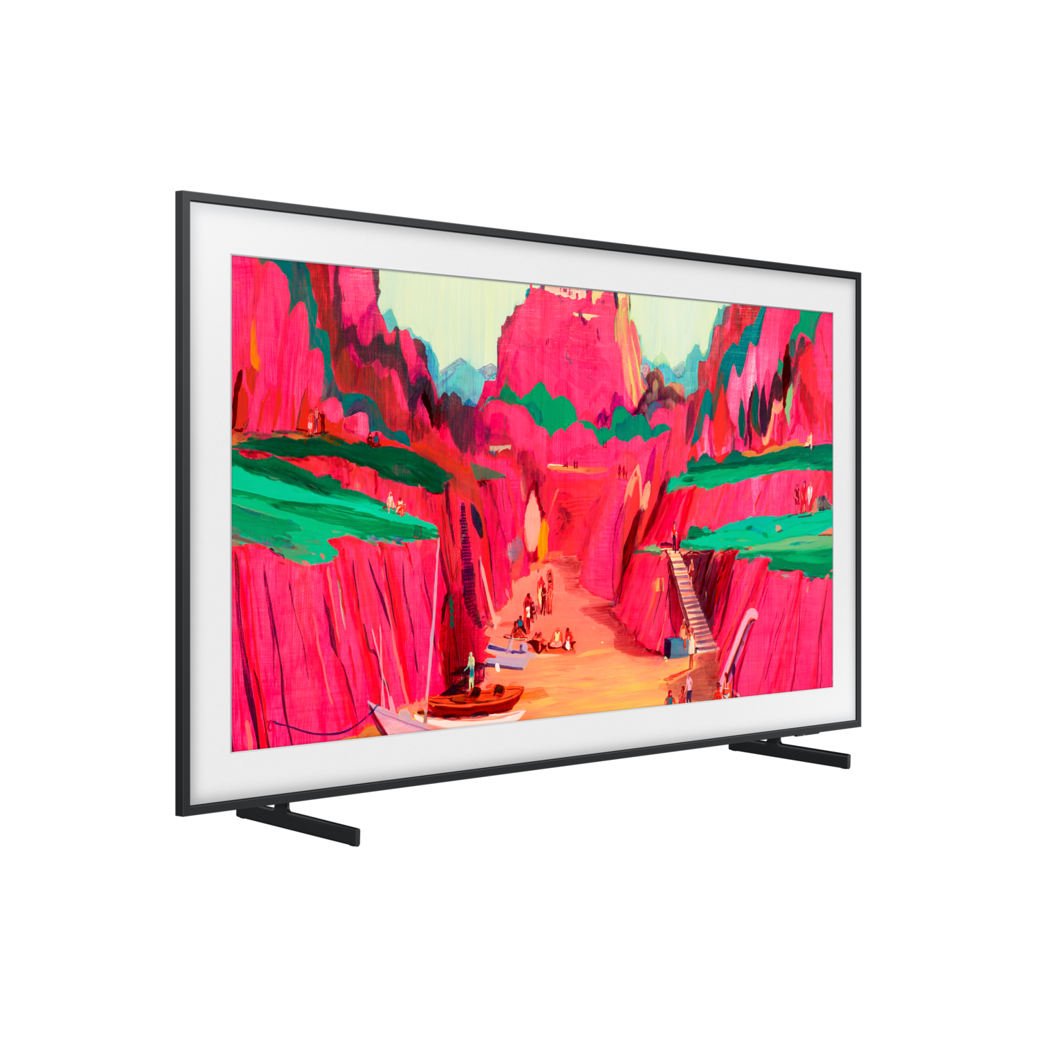 A framed painting on a TV screen depicts a vibrant landscape. Pink cliffs, green accents, boats, and people are visible in the artwork.