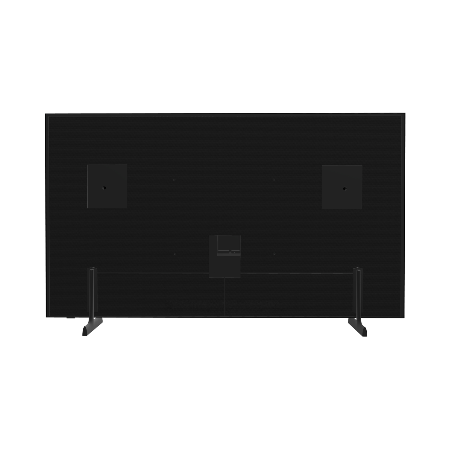 Back view of a large black television with two legs. It has mounting squares and connection ports visible.
