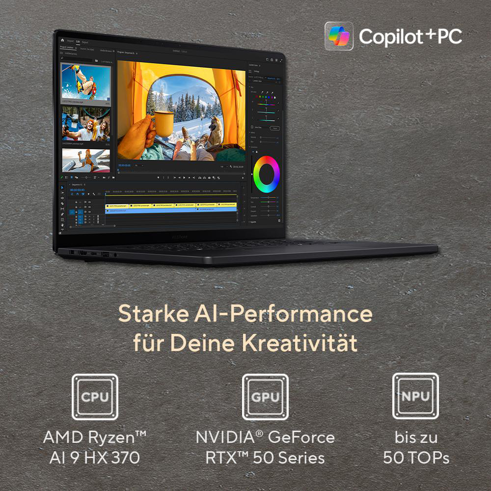 Laptop mit Videobearbeitungssoftware. Zeigt eine Zelt-Szene. Text enthält 'Starke AI-Performance' und CPU-, GPU- und NPU-Details.