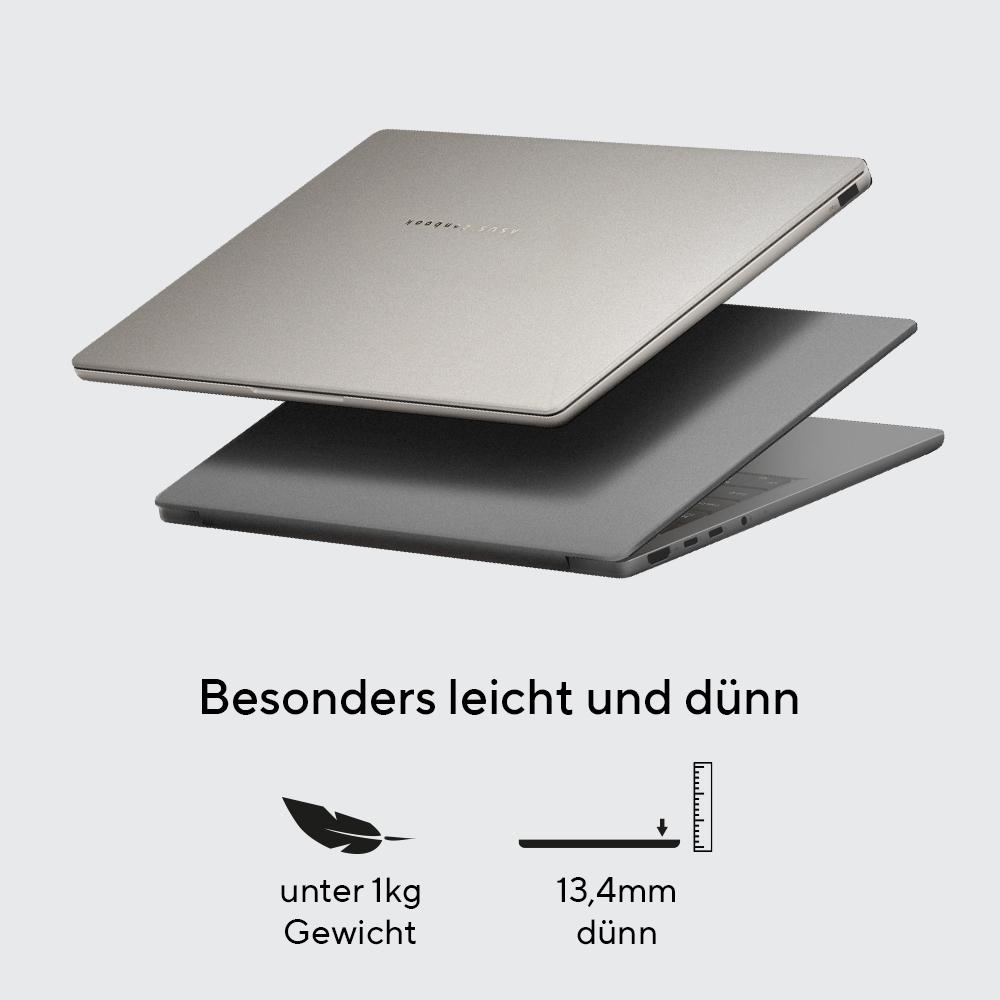 Zwei Laptops, einer über dem anderen. Text: besonders leicht und dünn, unter 1kg Gewicht, 13,4mm dünn.