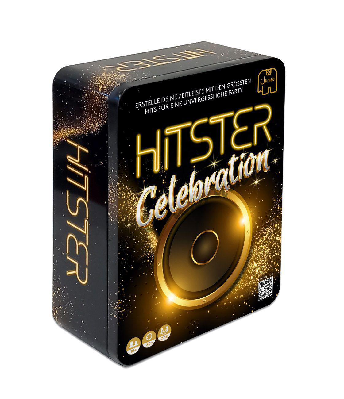 Eine schwarze Box mit goldener Schrift und einer Lautsprecherillustration. Text lautet 'HITSTER Celebration', Jumbo-Logo vorhanden.