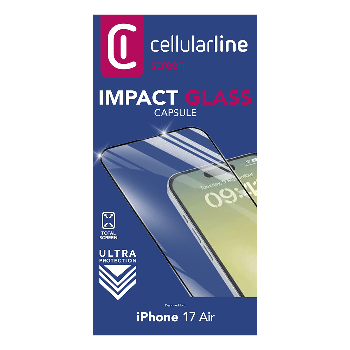 Produktverpackung für iPhone 17 Air Displayschutzfolie. Zeigt ein Telefon mit Displayschutzfolie, Text und Logo.